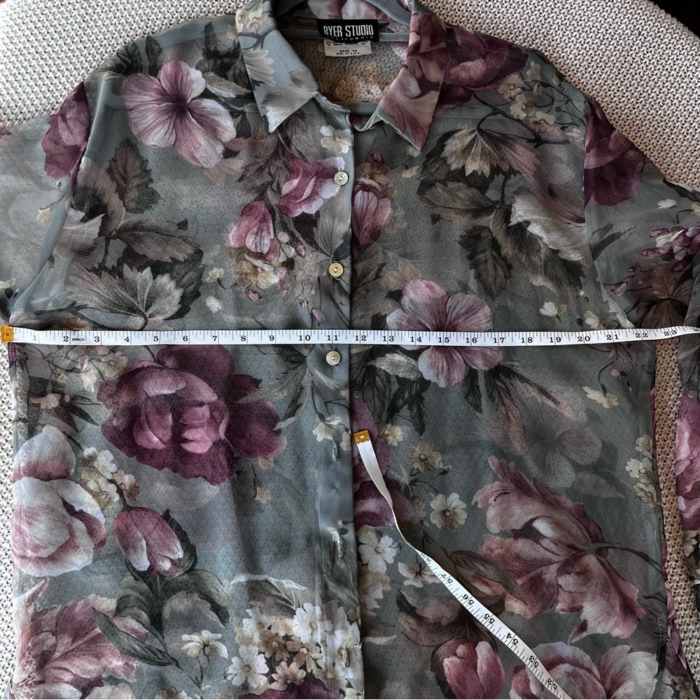 Vintage Byer Studio Sheer Floral Button Up Women’s 14 Cottage Core Green - Picture 9 of 10